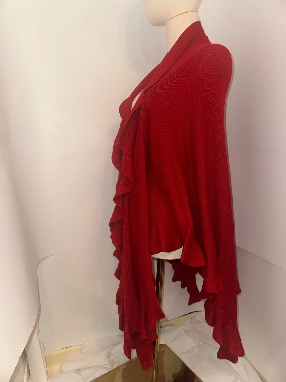 Dramatic red waterfall ruffle shawl cape cardigan wrap. One size.